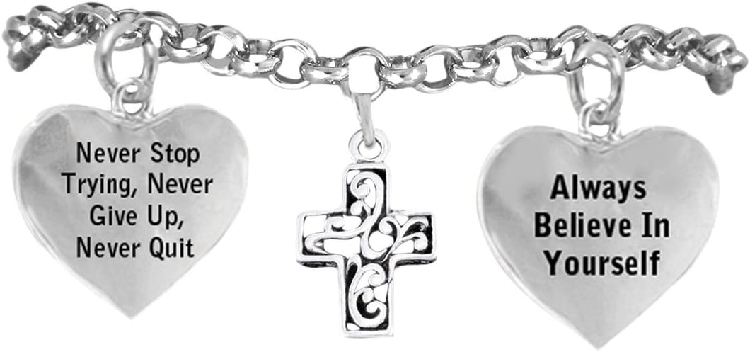 Christian Cross Bracelet Never Give Up. Never Stop Trying, Adjustable Hypoallergenic, Nickel Free