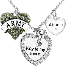 Army Abuela Genuine Crystal Key to My Heart & Crystal Abuela Heart, Adjustable Hypoallergenic, Safe-Nickel, Lead, Cadmium Free