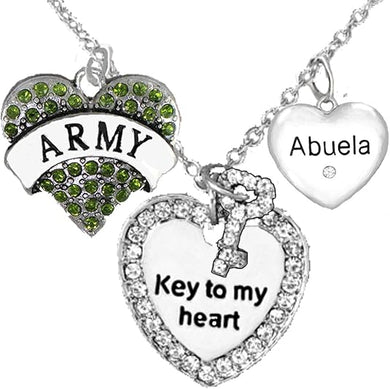 Army Abuela Genuine Crystal Key to My Heart & Crystal Abuela Heart, Adjustable Hypoallergenic, Safe-Nickel, Lead, Cadmium Free