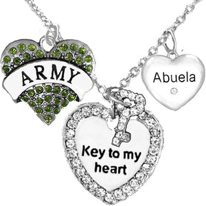 Army Abuela Genuine Crystal Key to My Heart & Crystal Abuela Heart, Adjustable Hypoallergenic, Safe-Nickel, Lead, Cadmium Free
