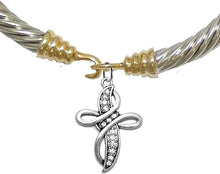 Christian Twisted Cable Siler-Toned Bracelet With Genuine Crystal Cross, Gold/Silver Cuff Bracelet, Hypoallergenic, Safe-Nickel, Lead, Cadmium Free