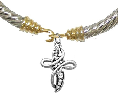 Christian Genuine Crystal Cross, Gold/Silver Cable Bracelet, Hypoallergenic, Safe-Nickel, Lead, Cadmium Free, Adjustable Stretch Bracelet