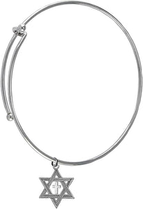 Messianic, Christian, Jewish Antique Silvertone Star Of David, Polished Cross, Adjustable Miracle Wire Bracelet, Will Fit Everyone, Hypoallergenic-Safe, No Nickel, Lead, Cadmium In The Metal