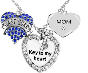 Coast Guard Mom, Key to My Heart, Crystal Mom Heart Charm Necklace, Adjustable, Hypoallergenic, Safe- Nickel, Lead, and Cadmium Free