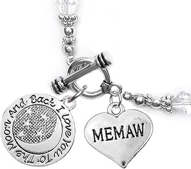 Memaw, I Love You to The Moon and Back Clear Crystal Charm Bracelet, Hypoallergenic, Safe, Nickel, Lead & Cadmium Free.