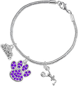Purple Paw Crystal Cheer 3 Charm Bracelet Safe-Hypoallergenic, Nickel, Lead and Cadmium Free