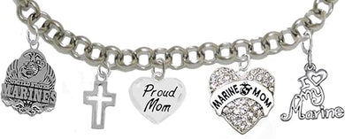 Proud Marine Mom Heart Bracelet, Hypoallergenic, Will NOT Irritate Anyone with Sensitive Skin. Safe- Nickel, Lead and Cadmium Free