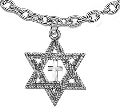 Messianic Christian Jewish Antique Silvertone Star Of David, Polished Cross On A Adjustable 18 To 21 Inch Chain Necklace, Hypoallergenic-Safe, No Nickel, Lead, Cadmium In The Metal