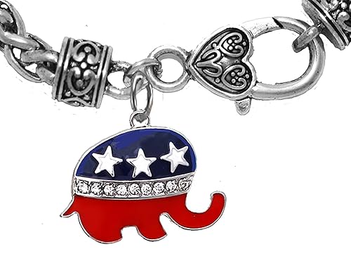 Republican Elephant, Set With Genuine Austrian Crystal, On A Adjustable Antique Wheat Chain Bracelet, What A Wonderful Gift For Yourself, Or A Friend, Or A Family Member, Or As A Donor Gift.