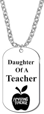 Daughter Of A Teacher, Dog Tag On A Adjustable Silvertone Cable Chain Necklace. 19-12 Inches. What A Great Gift For Yourself, Or Somebody Special. Beautiful Premium Quality, Silvertone Finish.