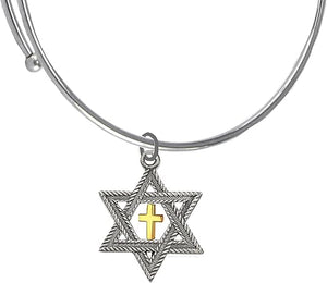 Messianic Christian Silver Star Of David With Gold Cross Inside, On A Adjustable Miracle Wire Bracelet, Will Fit Everyone. Hypoallergenic-Safe, No Nickel, Lead Or Cadmium In The Metal. ©2023