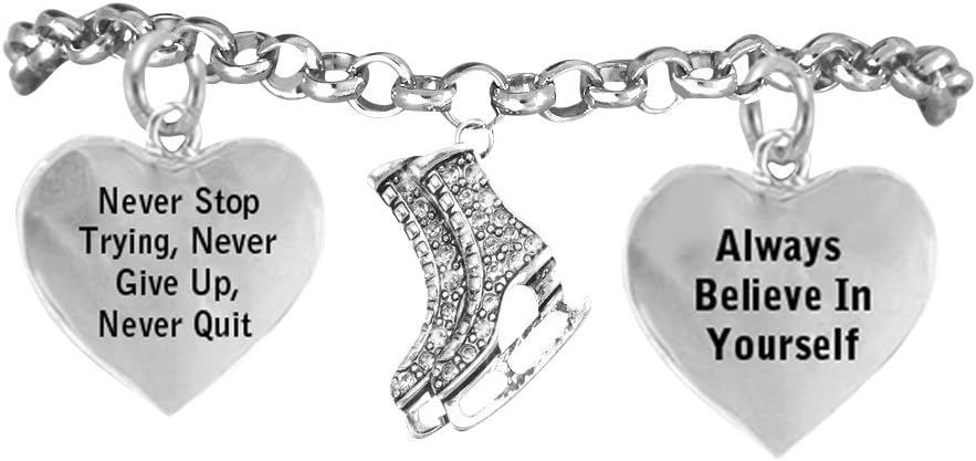 Ice Skates, Never Stop Trying, Never Give Up Hypoallergenic Adjustable Bracelet