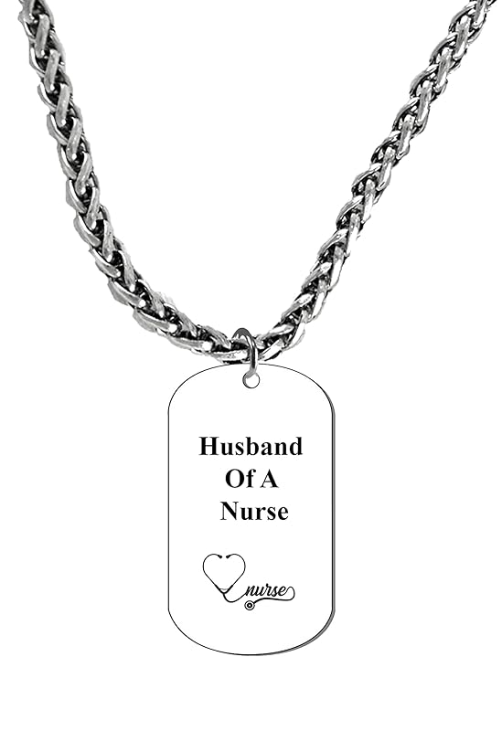 Husband Of A Nurse Dog Tag On A Antique Silvertone Wheat Chain Necklace. 18 Inches. What A Great Gift For Yourself, Or Somebody Special.