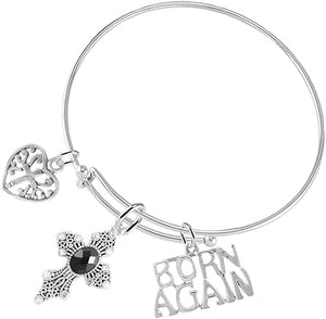 Born Again Christian Crystal Jet Black Stone, 3 Charm Adjustable Bracelet Hypoallergenic, Safe-Nickel, Lead, Free