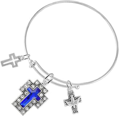 Dove of Peace Christian Crystal Blue Sapphire Stone, 3 Charm Adjustable Bracelet Hypoallergenic, Safe-Nickel, Lead, Free