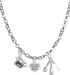 Cooking Jewelry, Never Give Up, Never Quit Trying, Chef Hat, Silverware, Adjustable Necklace, Hypoallergenic, Safe-Nickel, Lead, Cadmium Free