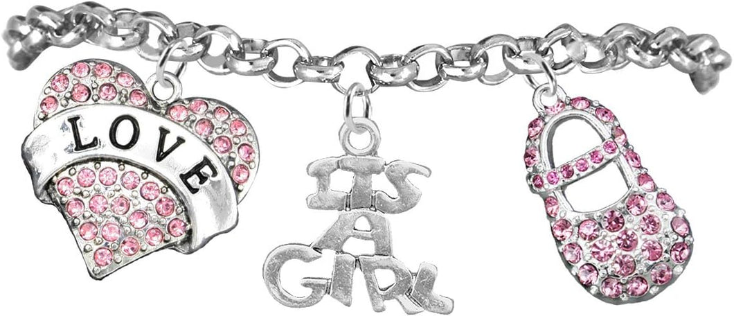 Love, Its A Girl, Adjustable Bracelet, Hypoallergenic, Safe-Nickel, Lead, Cadmium Free