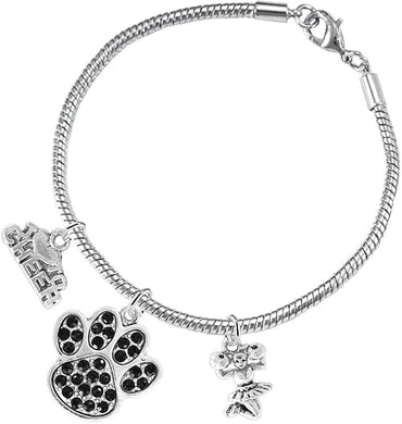 Black Paw Crystal Cheer 3 Charm Bracelet Safe-Hypoallergenic, Nickel, Lead and Cadmium Free