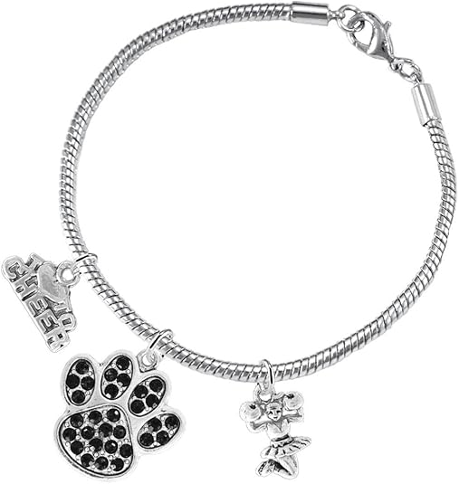 Black Paw Crystal Cheer 3 Charm Bracelet Safe-Hypoallergenic, Nickel, Lead and Cadmium Free