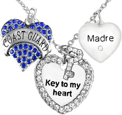 Coast Guard Madre, Key to My Heart, Crystal Madre Heart Charm Necklace, Adjustable, Hypoallergenic, Safe- Nickel, Lead, and Cadmium Free