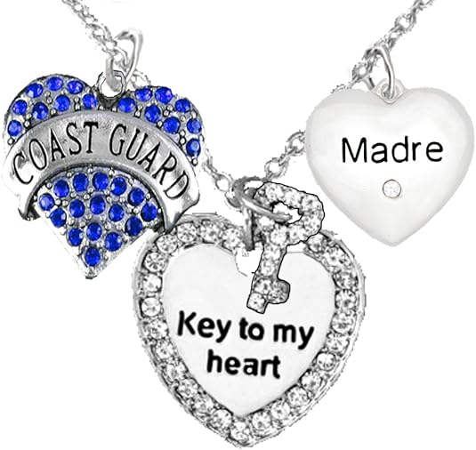 Coast Guard Madre, Key to My Heart, Crystal Madre Heart Charm Necklace, Adjustable, Hypoallergenic, Safe- Nickel, Lead, and Cadmium Free