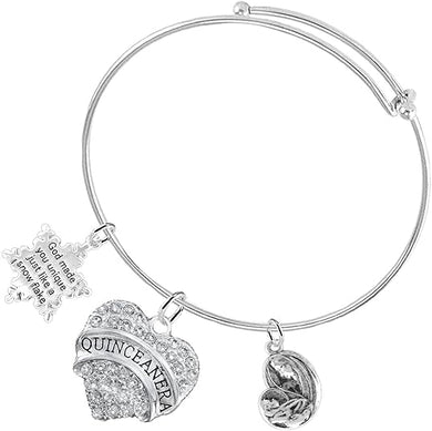 Quinceanera Genuine Crystal Heart, Snowflake Saying, God Made You Unique, Just Like A Snowflake, Adjustable Miracle Wire Hypoallergenic Bracelet, Safe-Nickel, Lead & Cadmium Free!