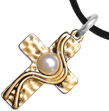 Christian Cross, Two Tone Matt Gold and Silver, Faux Pearl Necklace, Adjustable, Hypoallergenic, Safe-Nickel, Lead, and Cadmium Free