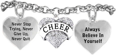 Cheer Crystal Bracelet, Never Stop Trying, Never Give Up, Safe-Hypoallergenic, Nickel Free