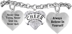 Cheer Crystal Bracelet, Never Stop Trying, Never Give Up, Safe-Hypoallergenic, Nickel Free