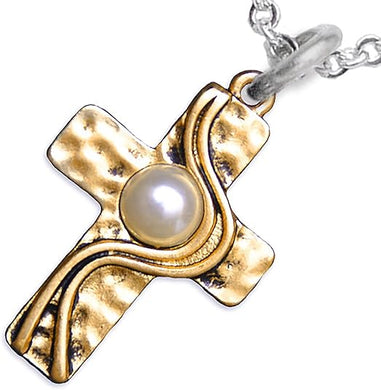 Christian Cross, Two Tone Matt Gold and Silver, Faux Pearl Necklace, Adjustable, Hypoallergenic, Safe-Nickel, Lead, and Cadmium Free