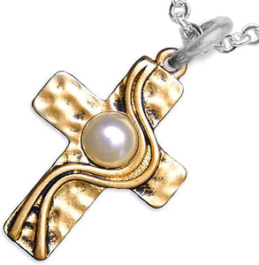 Christian Cross, Two Tone Matt Gold and Silver, Faux Pearl Necklace, Adjustable, Hypoallergenic, Safe-Nickel, Lead, and Cadmium Free
