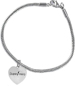 Super Hero Heart Charm On A Elegant Antique Snake Chain Bracelet, Hypoallergenic Safe- No Nickel. Lead, Or Poisonous Cadmium