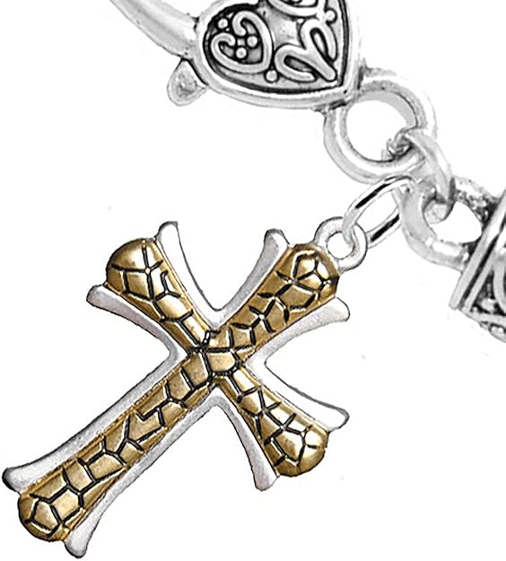 Two Tone Matt Gold Ikarian Pattern and Silver Cross Bracelet Hypoallergenic, Safe-Nickel, Lead, and Cadmium Free