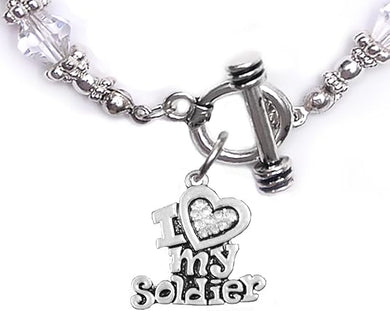 Army, I Love My Soldier, Clear Crystal Bracelet Hypoallergenic, Safe-Nickel, Lead, Cadmium Free