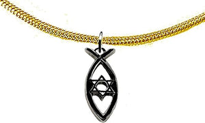 Messianic Christian Fish,Star Of David In Black Anodized Finish On A 14KT Goldtone Snake Chain Necklace. If you do not believe that this jewelry is beautiful when you receive it, simply return it., Large, Silver, Carnelian