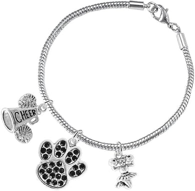 Black Paw Crystal Cheer 3 Charm Bracelet Safe-Hypoallergenic, Nickel, Lead and Cadmium Free