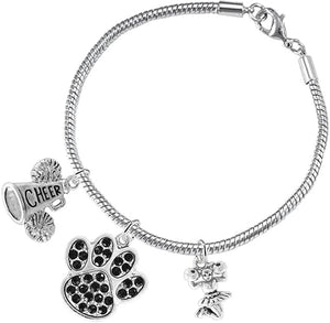 Black Paw Crystal Cheer 3 Charm Bracelet Safe-Hypoallergenic, Nickel, Lead and Cadmium Free
