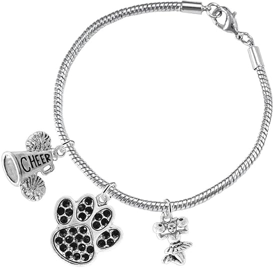 Black Paw Crystal Cheer 3 Charm Bracelet Safe-Hypoallergenic, Nickel, Lead and Cadmium Free
