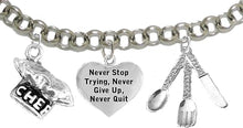 Cooking Jewelry, Never Give Up, Never Stop Trying, Chef Hat, Silverware, Adjustable Bracelet, Hypoallergenic, Safe-Nickel, Lead, Cadmium Free