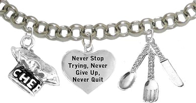 Cooking Jewelry, Never Give Up, Never Stop Trying, Chef Hat, Silverware, Adjustable Bracelet, Hypoallergenic, Safe-Nickel, Lead, Cadmium Free