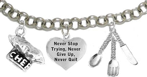 Cooking Jewelry, Never Give Up, Never Stop Trying, Chef Hat, Silverware, Adjustable Bracelet, Hypoallergenic, Safe-Nickel, Lead, Cadmium Free