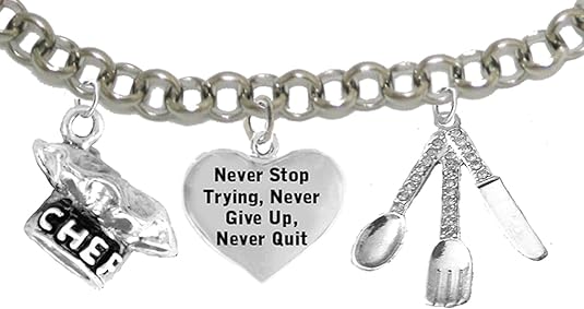 Cooking Jewelry, Never Give Up, Never Stop Trying, Chef Hat, Silverware, Adjustable Bracelet, Hypoallergenic, Safe-Nickel, Lead, Cadmium Free