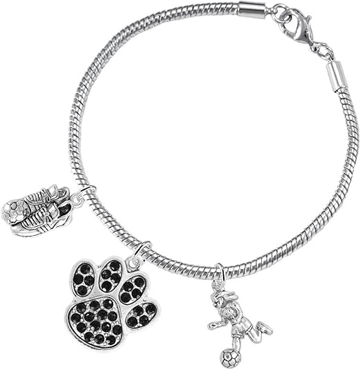 The, Soccer Jewelry Black Crystal Paw Hypoallergenic Adjustable, Safe-Nickel, Lead Free