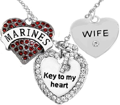 Marine Wife, “Key to My Heart, Crystal Wife Heart Charm Necklace, Hypoallergenic, Safe-Nickel, Lead, Free
