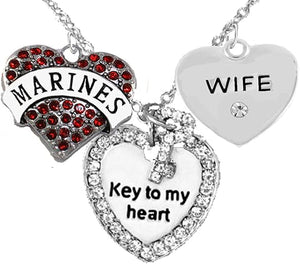 Marine Wife, “Key to My Heart, Crystal Wife Heart Charm Necklace, Hypoallergenic, Safe-Nickel, Lead, Free