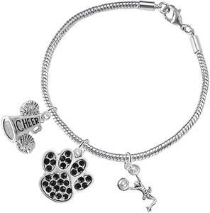 Black Paw Crystal Cheer 3 Charm Bracelet Safe-Hypoallergenic, Nickel, Lead and Cadmium Free