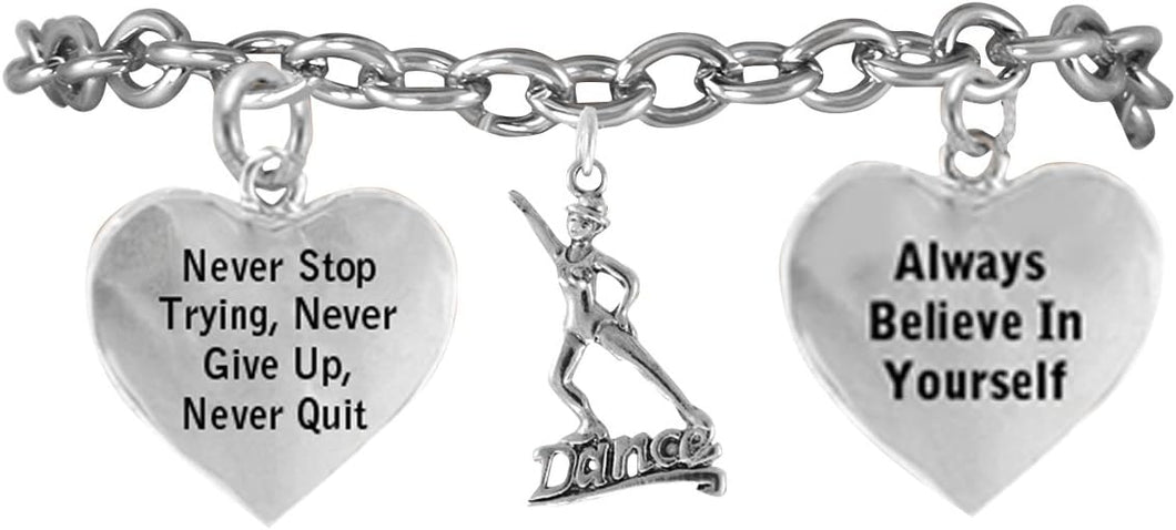 Dance Bracelet, Never Stop Trying, Never Give Up, Safe-Hypoallergenic, Nickel Free