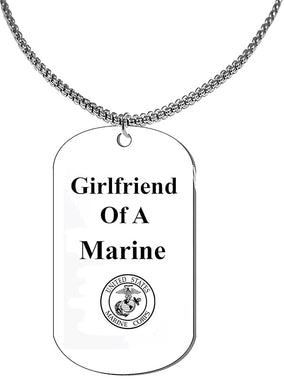 Girlfriend Of A Marine Dog Tag On A Silvertone Box Chain Necklace. 18-21 Inches. What A Great Gift For Yourself, Or Somebody Special. Beautiful Premium Quality, Silvertone Finish.