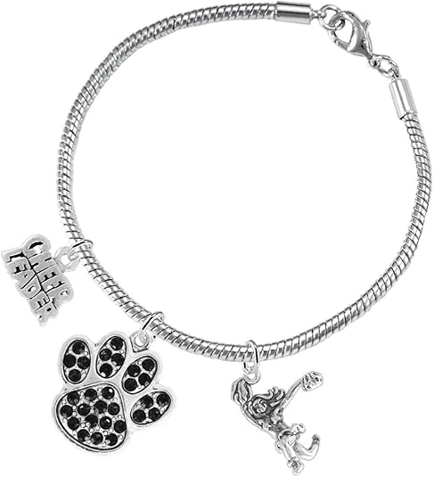 Black Paw Crystal Cheer 3 Charm Bracelet Safe-Hypoallergenic, Nickel, Lead and Cadmium Free