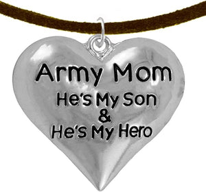 Army Mom, He's My Hero, Hypoallergenic Adjustable Necklace, Safe-Nickel, Lead, Cadmium Free